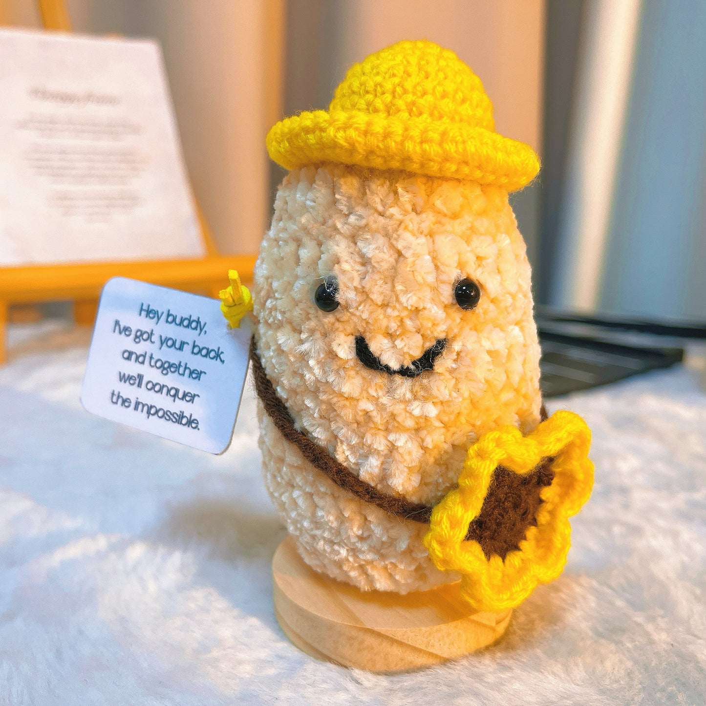 Crochet Uplifting Peanut Buddy Plushie with Cute Yellow Hat and Sunflower Bag - Customizable Positive Emotional Support Card Home Décor for Friends, Birthdays, Coworker, and Celebrations
