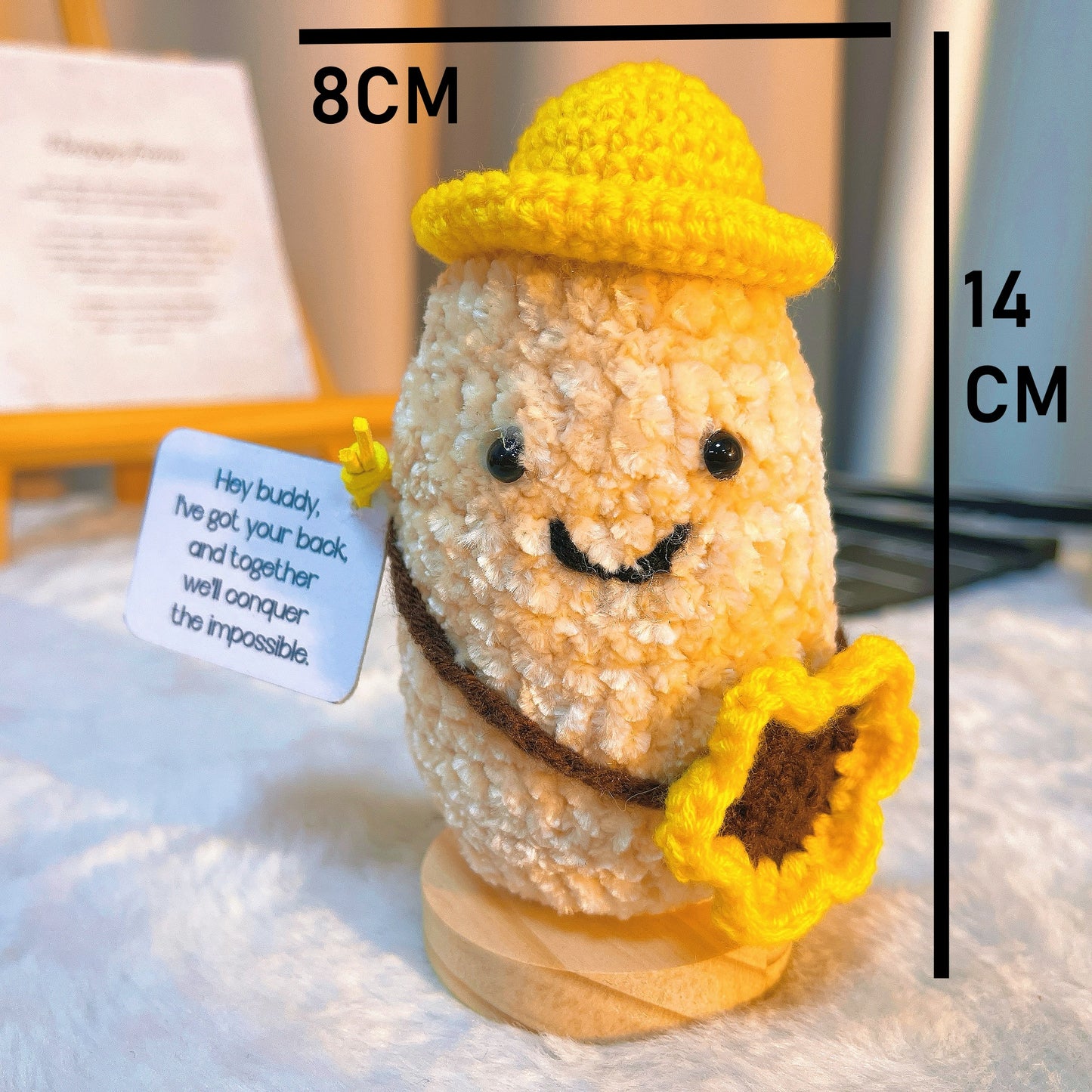 Crochet Uplifting Peanut Buddy Plushie with Cute Yellow Hat and Sunflower Bag - Customizable Positive Emotional Support Card Home Décor for Friends, Birthdays, Coworker, and Celebrations