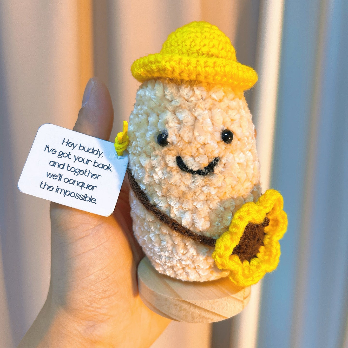 Crochet Uplifting Peanut Buddy Plushie with Cute Yellow Hat and Sunflower Bag - Customizable Positive Emotional Support Card Home Décor for Friends, Birthdays, Coworker, and Celebrations