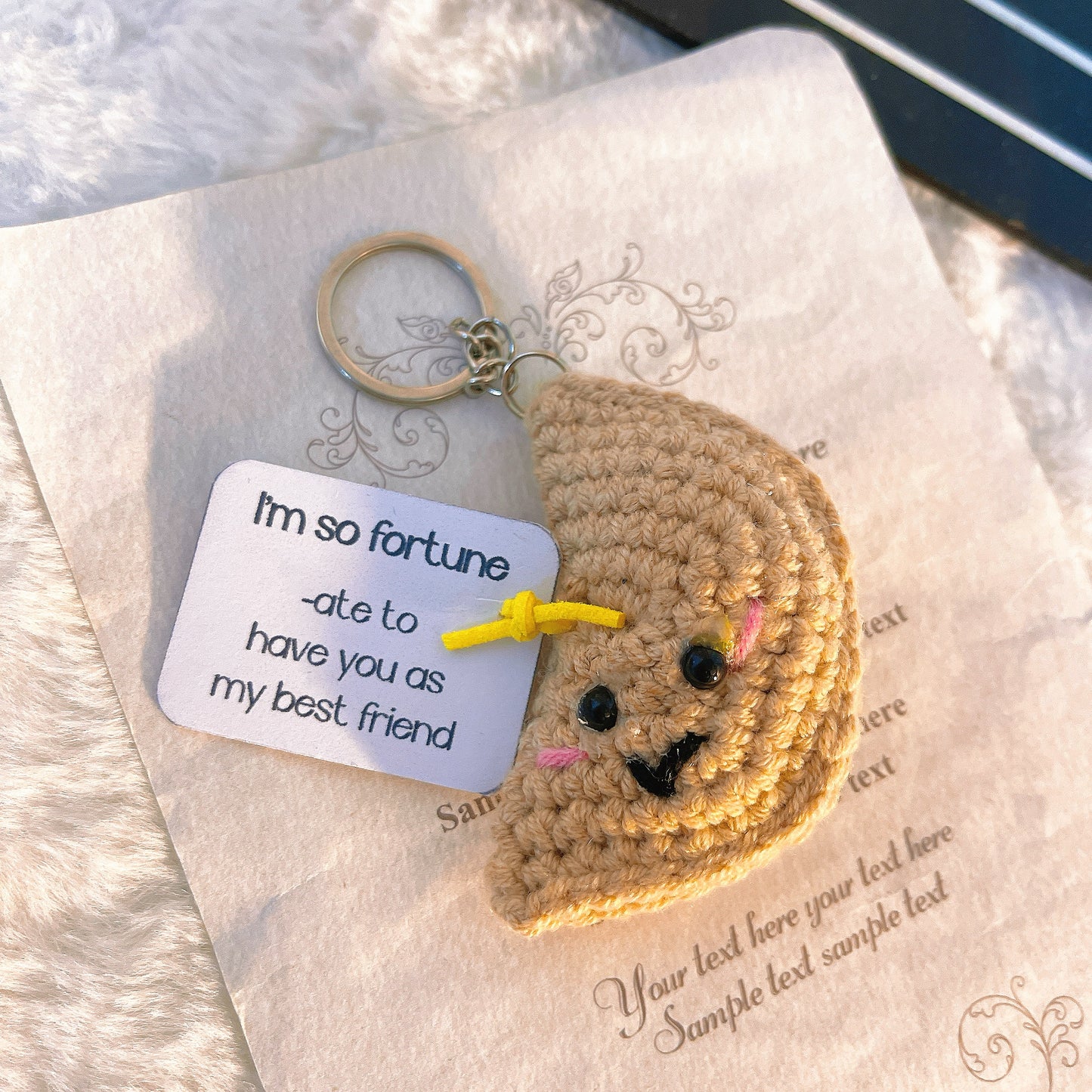 Lucky Fortune Cookie Keychain with Customizable Card - Handmade Crochet Uplifting Emotional Supportive Gift for Best Friend, Birthday, Coworker, Christmas Stuffers, and Special Occasions