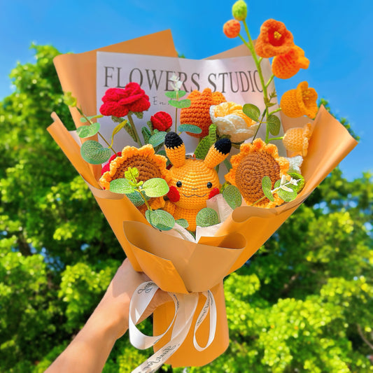 Handcrafted Crochet Poké Themed Flower Bouquet - Red Rose, Orange Tulip, White-Yellow Rose, Sunflower, White-Orange Gradient Lily of the Valley with Faux Money Leaves - Perfect Allergy-Free Gift for Anime Birthdays, Anniversaries, and Special Occasions