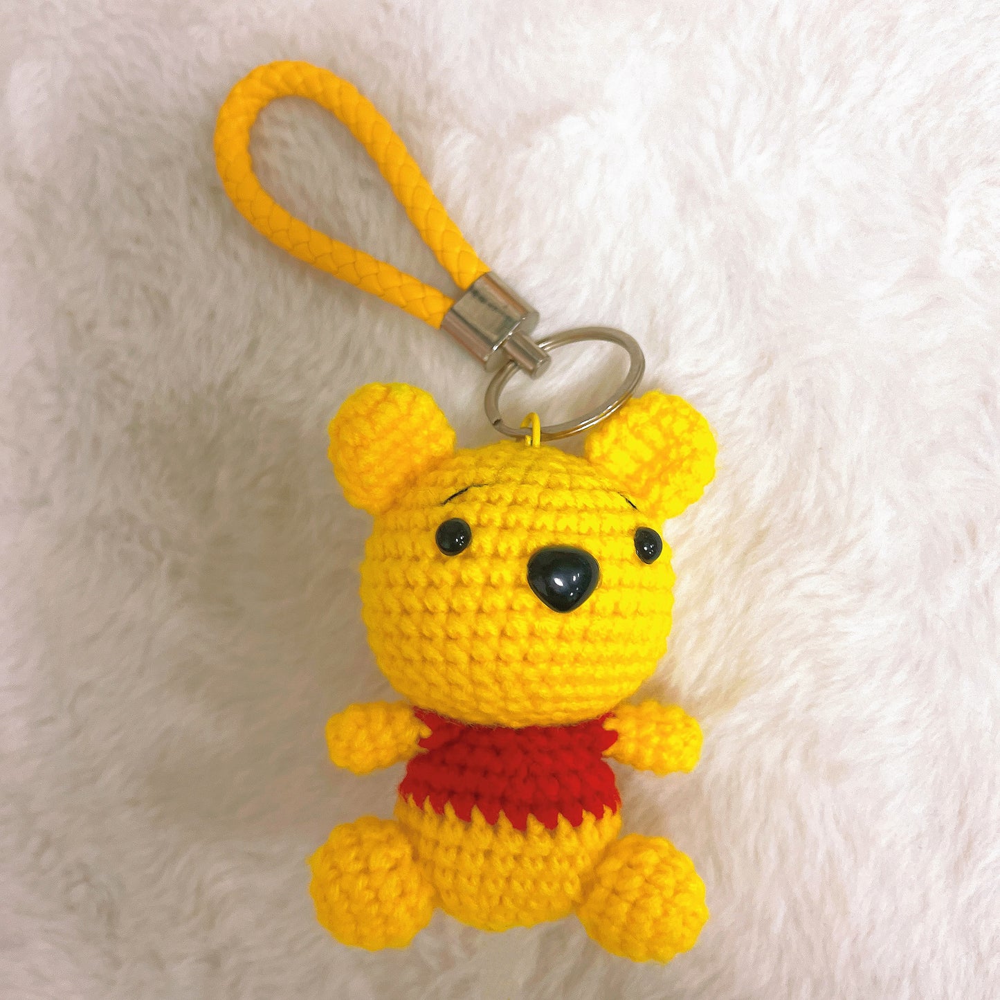 Handmade Crochet Winnie Themed Flower Bouquet - Sunflower, Golden Bell, Barley, Multi-Colored Roses, Daffodils & Money Tree Leaves in White Netting & Bright Yellow Wrap - Perfect Allergy-Friendly Gift for Any Occasion