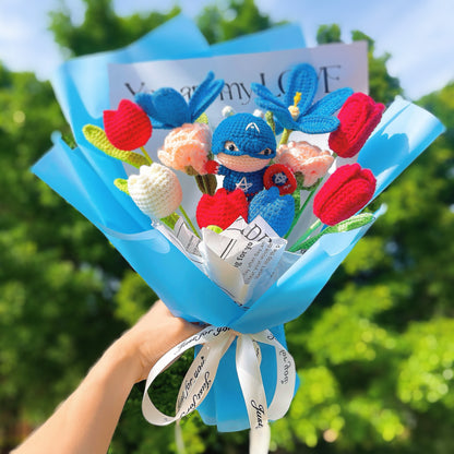 Handmade Crochet Flower Bouquet with Captain Figure - Deep Blue Tulip, Light Pink Rose, Red Long Tulip, White, Red & Deep Blue Fat Tulips - Perfect Allergy-Free Gift for All Occasions