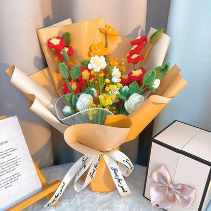 手作りブーケ：ピンク桃の花、白い椿の花、黄色忘れないで私と白いカモミールの精緻なブレンド