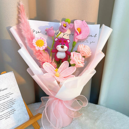 Hand-Crocheted Bear Theme Strawberry Flower Bouquet - Pink Roses, Lily of the Valley, Calla Lilies, Tulips, Daisy, Pink Feathers & Wrapping Paper - Perfect Allergy-Friendly Gift for Birthdays, Anniversaries, and Special Occasions