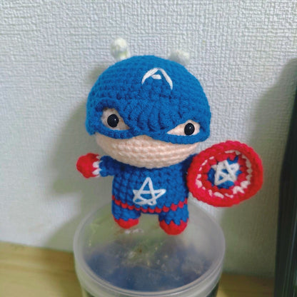 Handmade Crochet Flower Bouquet with Captain Figure - Deep Blue Tulip, Light Pink Rose, Red Long Tulip, White, Red & Deep Blue Fat Tulips - Perfect Allergy-Free Gift for All Occasions