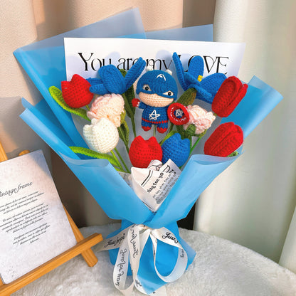 Handmade Crochet Flower Bouquet with Captain Figure - Deep Blue Tulip, Light Pink Rose, Red Long Tulip, White, Red & Deep Blue Fat Tulips - Perfect Allergy-Free Gift for All Occasions