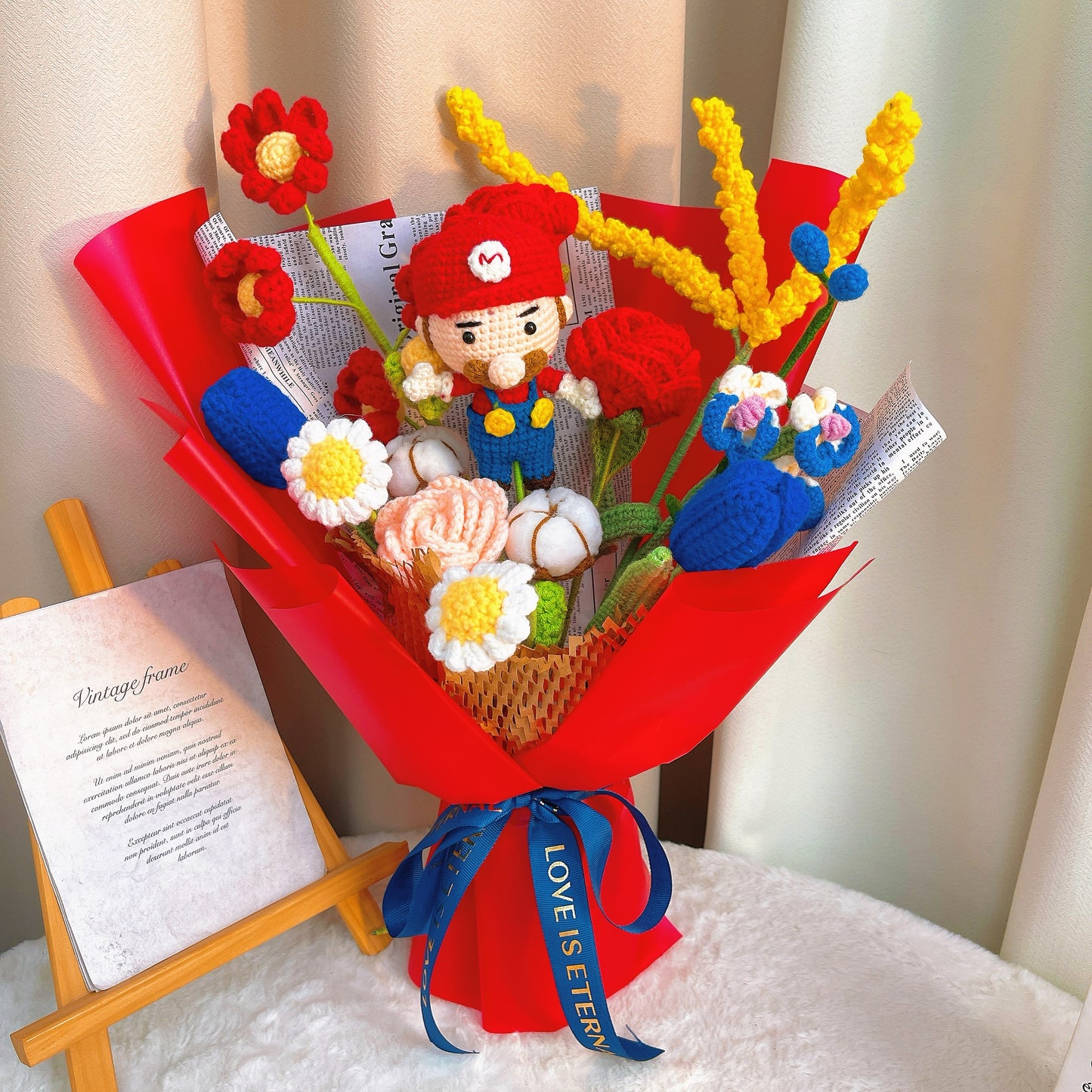 Handmade Crochet Mario Themed Flower Bouquet, Roses, Daisies, and Orchids - Allergy-Friendly Gift for Birthdays, Anniversaries, and Special Occasions