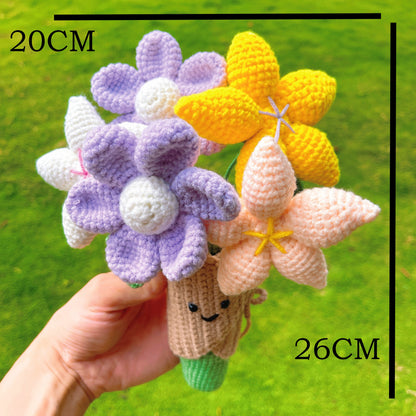 Crochet Colorful Uplifting Handheld Bouquet, Compatible with Our Flowers - Handmade Allergy-Friendly Happy Floral Arrangement - White, Yellow & Pink Flowers - Ideal for Birthdays, Jelly Theme Weddings & Special Events