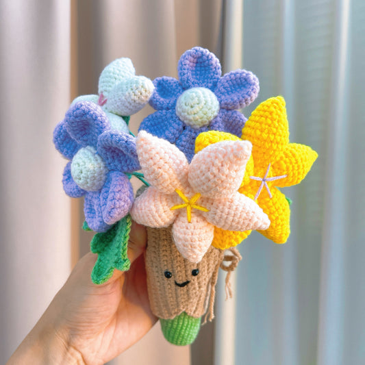 Crochet Colorful Uplifting Handheld Bouquet, Compatible with Our Flowers - Handmade Allergy-Friendly Happy Floral Arrangement - White, Yellow & Pink Flowers - Ideal for Birthdays, Jelly Theme Weddings & Special Events