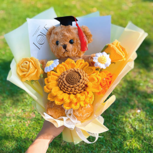 Handmade Crochet Flower Bouquet with Graduation Teddy Bear - Hypoallergenic, Allergy-Free Artificial Flowers, Perfect Gift for Graduation, Birthdays, Anniversaries (Yellow Roses, Daisies, Forget-Me-Nots)