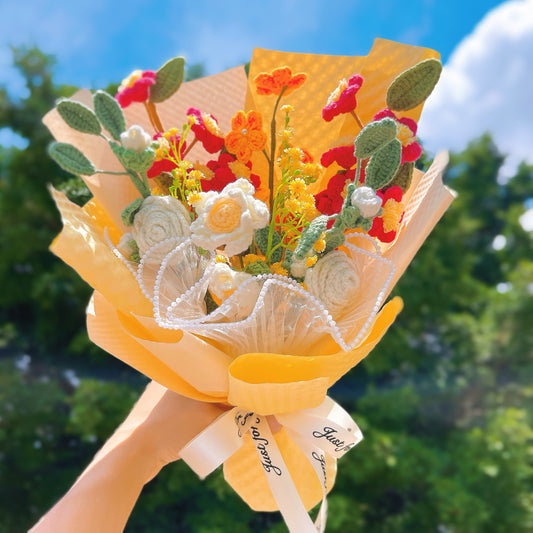 Bouquet de fleurs fabriqué à la main : un mélange délicat de fleurs de pêcher roses, de camélias blancs, de myosotis jaunes et de camomille blanche