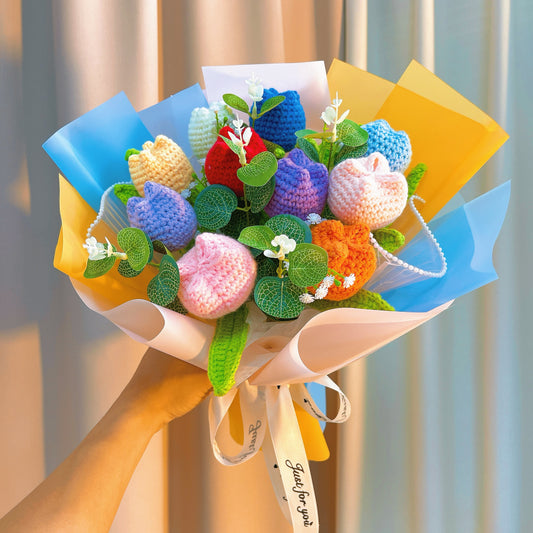 Hand-Crochet Dopamine Tulip Bouquet - Hypoallergenic Artificial Flowers Gift for Mother’s Day, Valentine’s, Wedding, Birthday