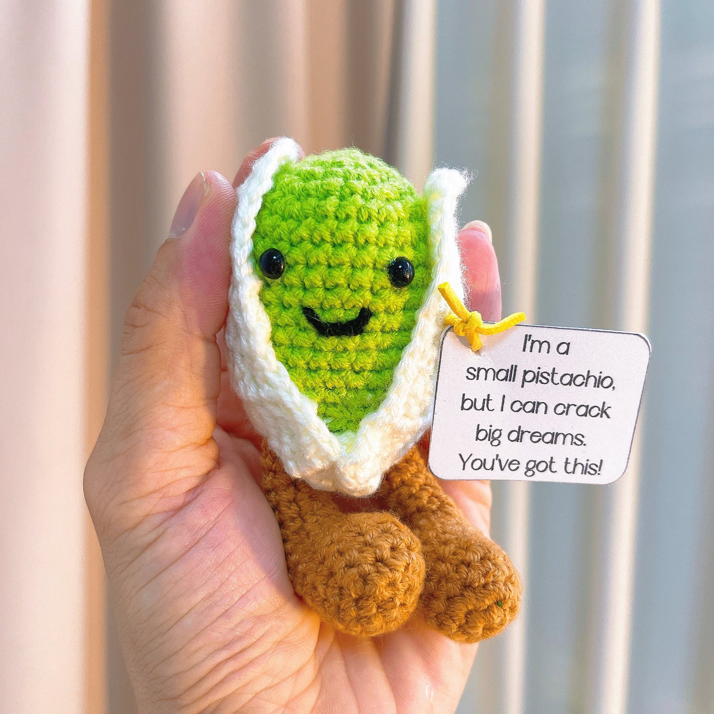 Peluche Principino Pistacchio Uncinetto Fatto a Mano – Bambola di Noci a Maglia con Messaggio Ispiratore, Regalo di Compleanno Personalizzabile, Natale, Laurea, Baby Shower