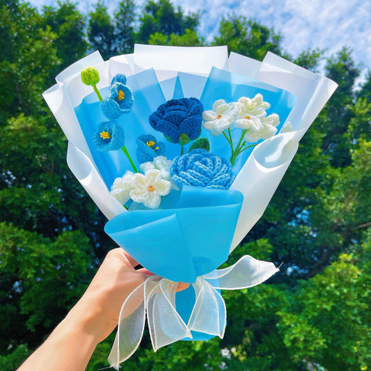 Hanaya Series Handmade Crochet Blue Rose with Lily of the Valley Bouquet - Hypoallergenic Everlasting Floral Arrangement for Birthday Graduation