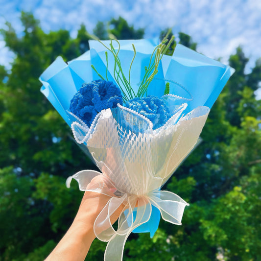 Hanaya Series Handmade Blue Theme Carnations Crochet Bouquet - Hypoallergenic Everlasting Floral Arrangement Graduation Mother's Day Gift Set
