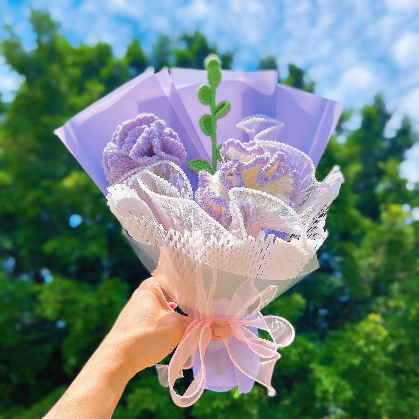 Hanaya Series Handmade Purple Theme Carnations Crochet Bouquet - Hypoallergenic Everlasting Floral Arrangement Mother's Day Gift Set