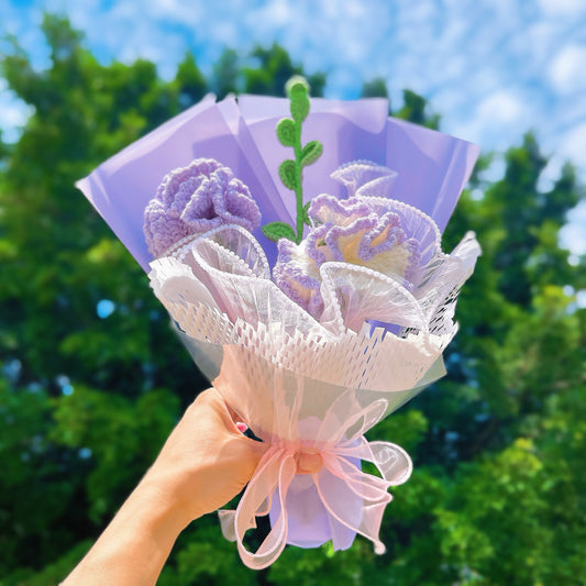 Hanaya Series Handmade Purple Theme Carnations Crochet Bouquet - Hypoallergenic Everlasting Floral Arrangement Mother's Day Gift Set