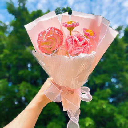 Hanaya Series Handmade Pink Theme Carnations Crochet Bouquet - Hypoallergenic Everlasting Floral Arrangement Mother's Day Gift Set - The Bloom Crafter