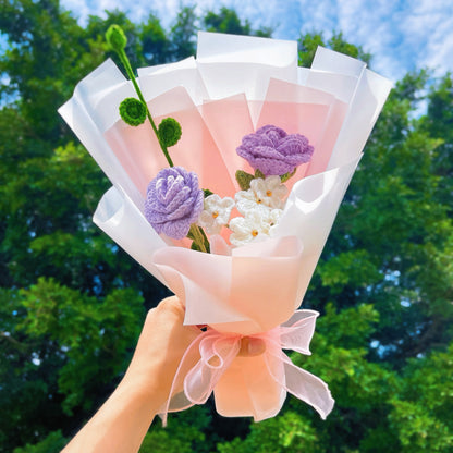 Hanaya Series Handmade Crochet Lavender Rose Bouquet - Ready-to-Gift Hypoallergenic Everlasting Floral Arrangement Allergy-Free Artificial Flowers Graduation - The Bloom Crafter