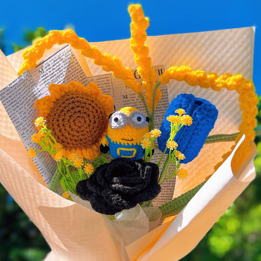 ミニオンと一緒！手編みのキャラクターブーケ｜枯れない花束｜卒業祝い・誕生日ギフトに｜ユニークなものが好きな友人への贈り物 花粉症対策・アレルギー対応