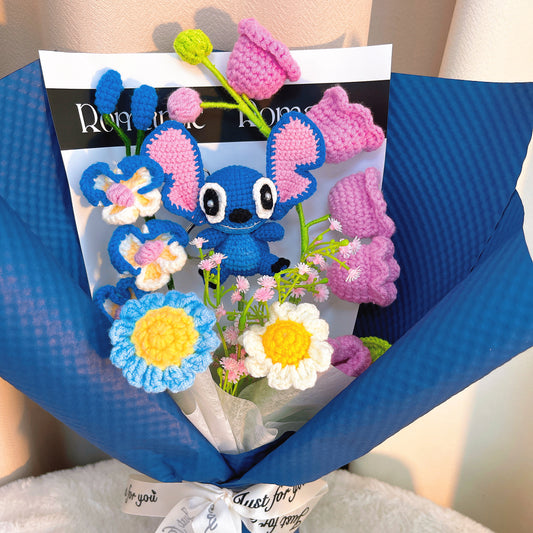 Handmade Crochet Stitch Theme Flower Bouquet - Orchid Lily of the Valley Daisies, Hypoallergenic Graduation Gift