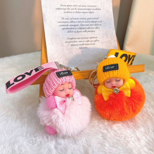 Handmade Crochet & Silicone Sleeping Baby Keychain - Plush Full-Coverage Hat with Bow Tie & Fuzzy Bottom, Hypoallergenic Cute Gift for New Parents- Perfect for Baby Showers, Mother's Day & Christening Gifts