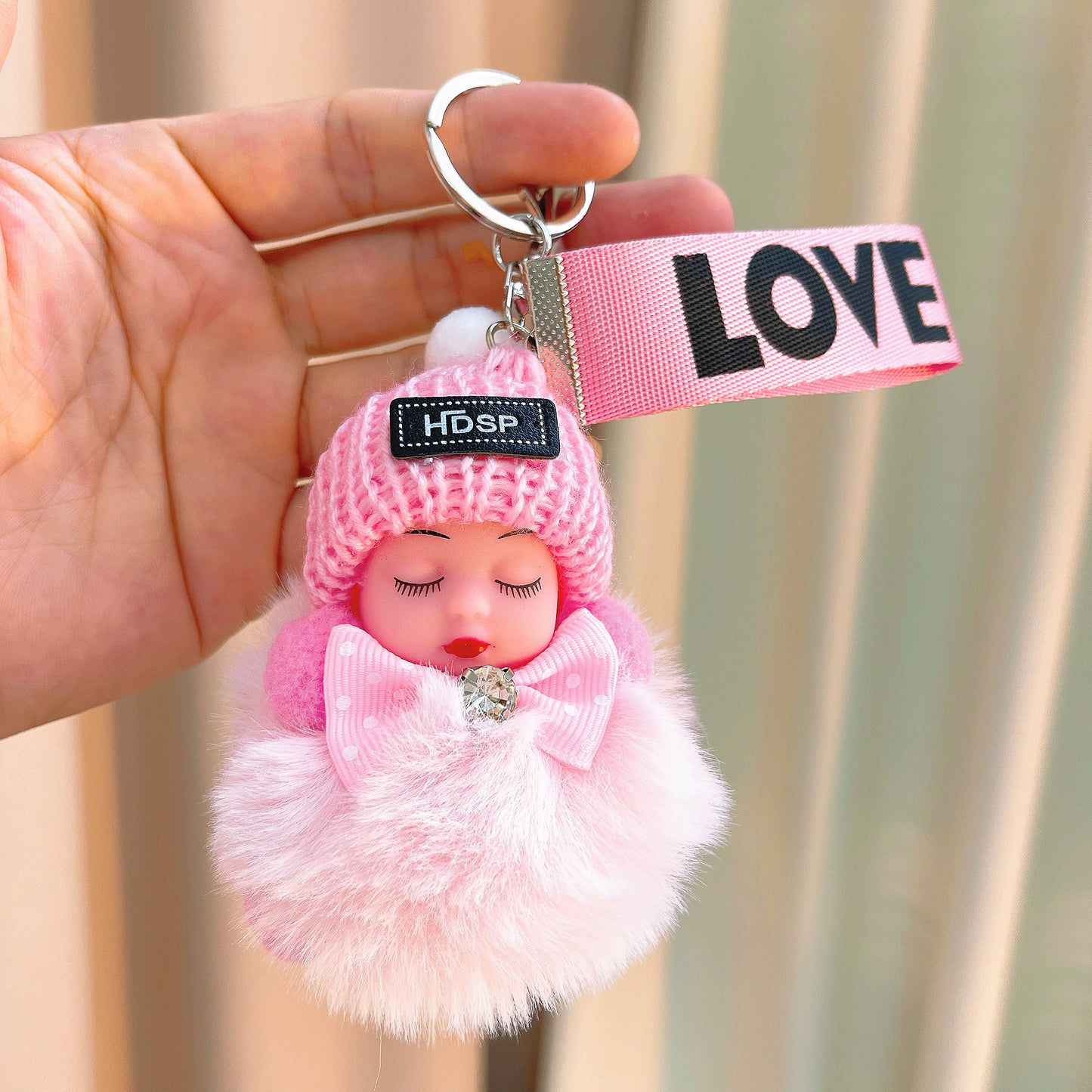 Handmade Crochet & Silicone Sleeping Baby Keychain - Plush Full-Coverage Hat with Bow Tie & Fuzzy Bottom, Hypoallergenic Cute Gift for New Parents- Perfect for Baby Showers, Mother's Day & Christening Gifts