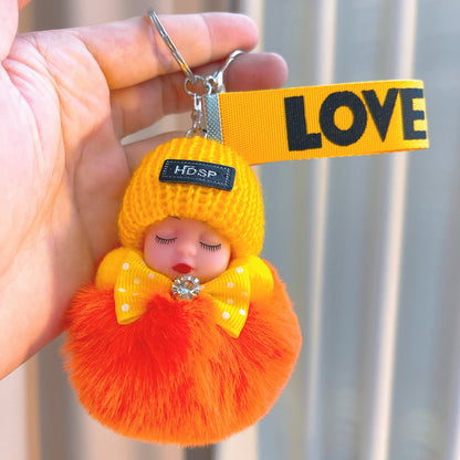 Handmade Crochet & Silicone Sleeping Baby Keychain - Plush Full-Coverage Hat with Bow Tie & Fuzzy Bottom, Hypoallergenic Cute Gift for New Parents- Perfect for Baby Showers, Mother's Day & Christening Gifts
