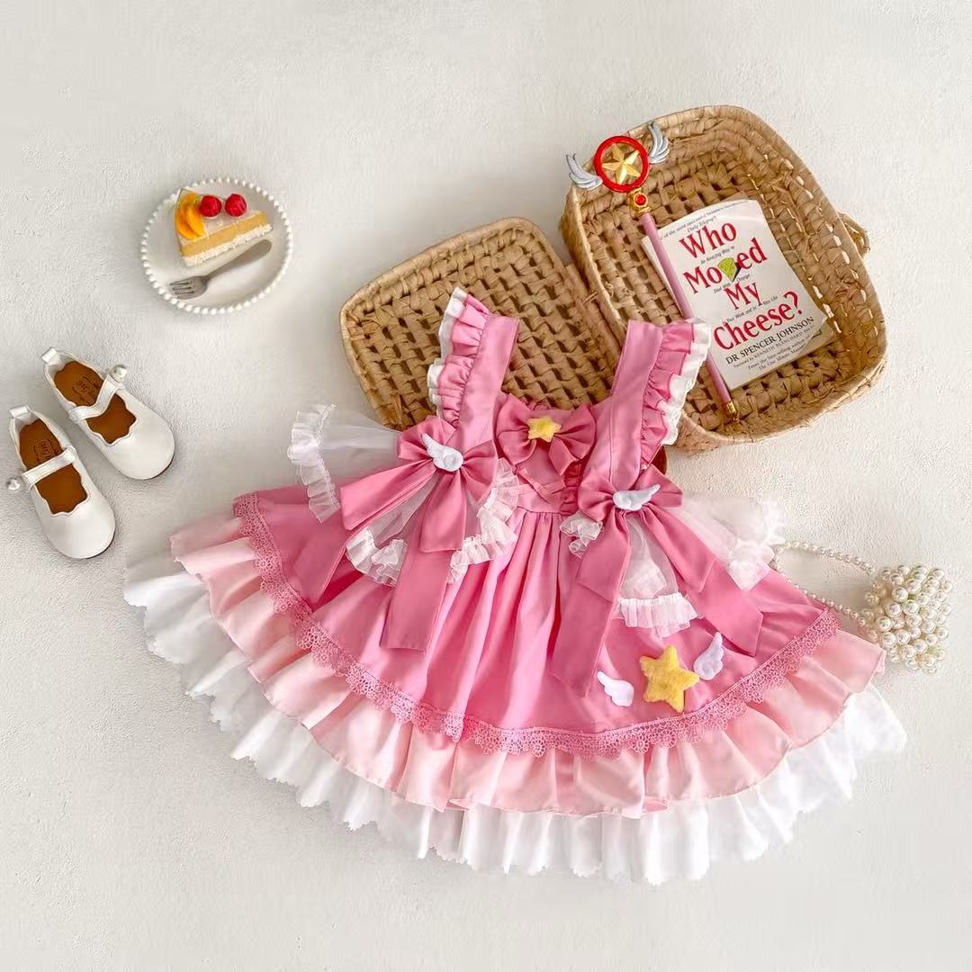 Girl's Star Lolita Princess Party Dress - Handmade Detachable Wings & Bows, Custom Dyed Magenta, Built-in Petticoat, 100% Cotton Lining - Perfect for Birthday, Christmas, Pageant, Photo Shoots (3-12 Years)