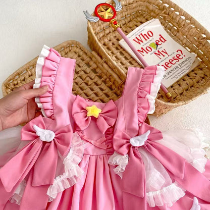 Girl's Star Lolita Princess Party Dress - Handmade Detachable Wings & Bows, Custom Dyed Magenta, Built-in Petticoat, 100% Cotton Lining - Perfect for Birthday, Christmas, Pageant, Photo Shoots (3-12 Years)