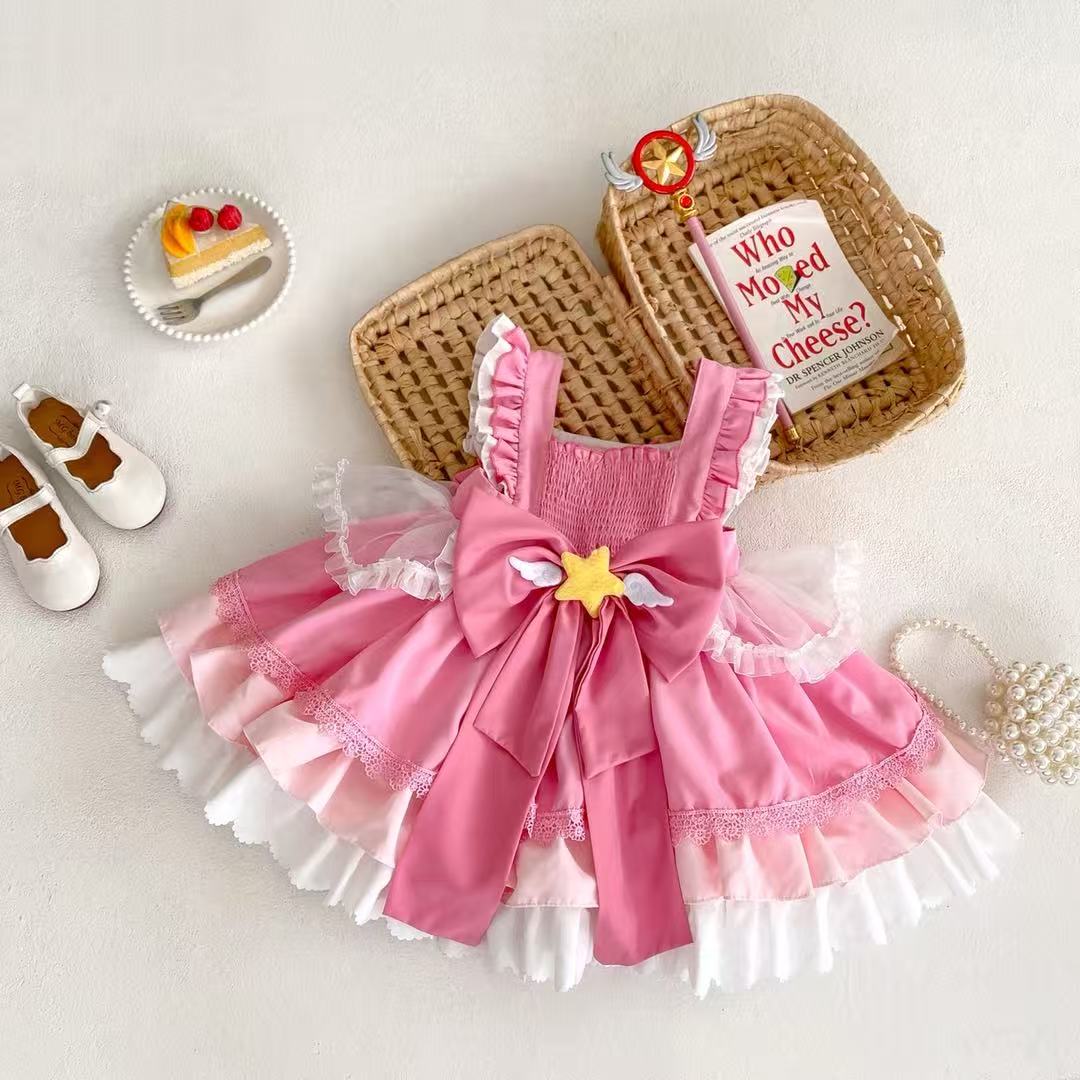 Girl's Star Lolita Princess Party Dress - Handmade Detachable Wings & Bows, Custom Dyed Magenta, Built-in Petticoat, 100% Cotton Lining - Perfect for Birthday, Christmas, Pageant, Photo Shoots (3-12 Years)