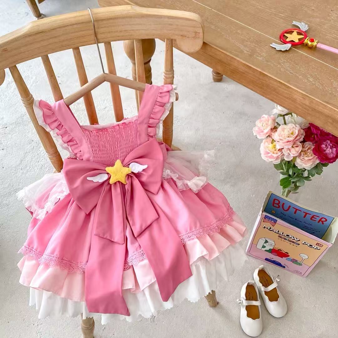 Girl's Star Lolita Princess Party Dress - Handmade Detachable Wings & Bows, Custom Dyed Magenta, Built-in Petticoat, 100% Cotton Lining - Perfect for Birthday, Christmas, Pageant, Photo Shoots (3-12 Years)