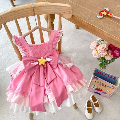 Girl's Star Lolita Princess Party Dress - Handmade Detachable Wings & Bows, Custom Dyed Magenta, Built-in Petticoat, 100% Cotton Lining - Perfect for Birthday, Christmas, Pageant, Photo Shoots (3-12 Years)