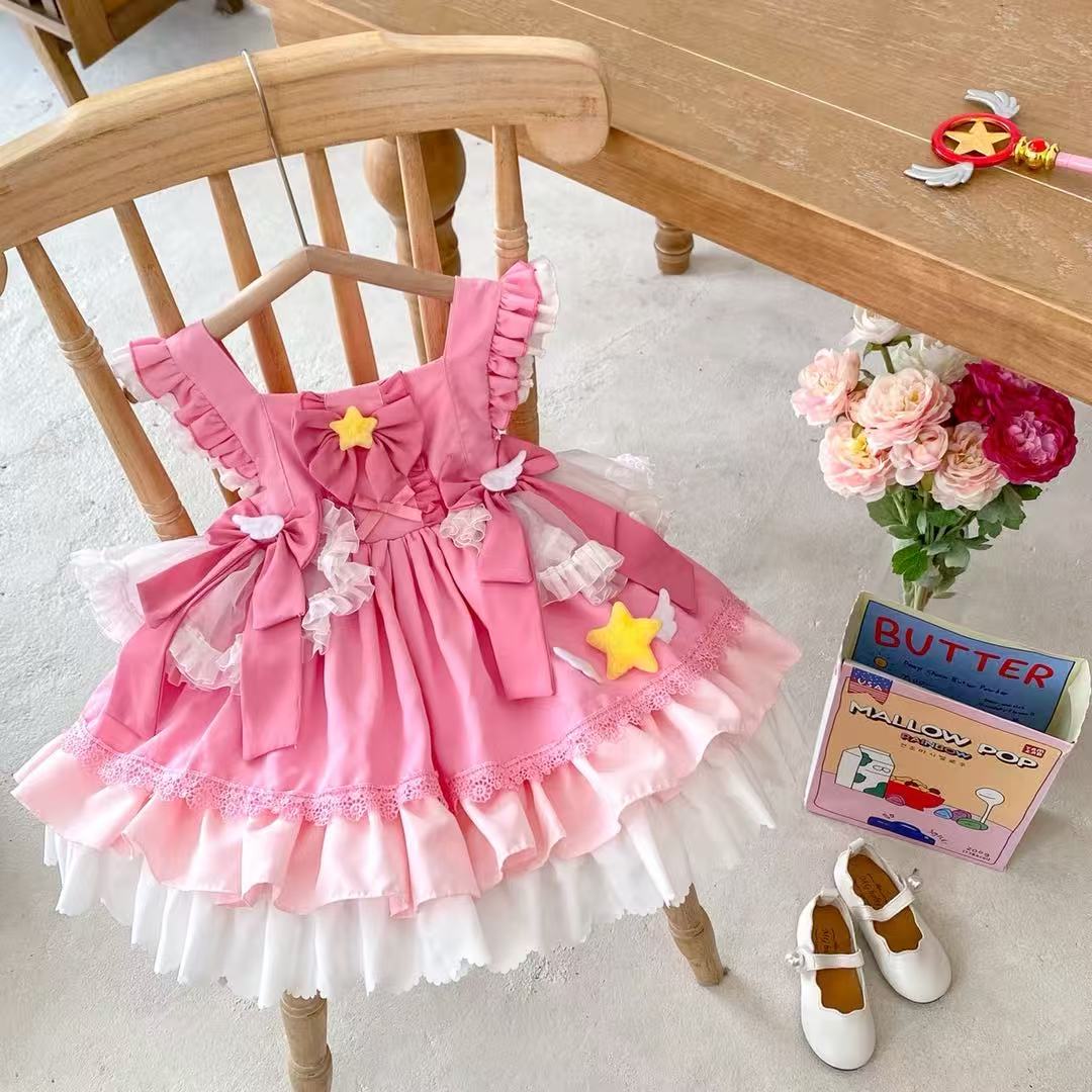 Girl's Star Lolita Princess Party Dress - Handmade Detachable Wings & Bows, Custom Dyed Magenta, Built-in Petticoat, 100% Cotton Lining - Perfect for Birthday, Christmas, Pageant, Photo Shoots (3-12 Years)