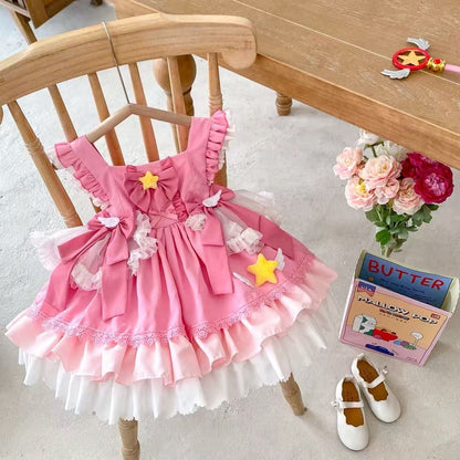 Girl's Star Lolita Princess Party Dress - Handmade Detachable Wings & Bows, Custom Dyed Magenta, Built-in Petticoat, 100% Cotton Lining - Perfect for Birthday, Christmas, Pageant, Photo Shoots (3-12 Years)