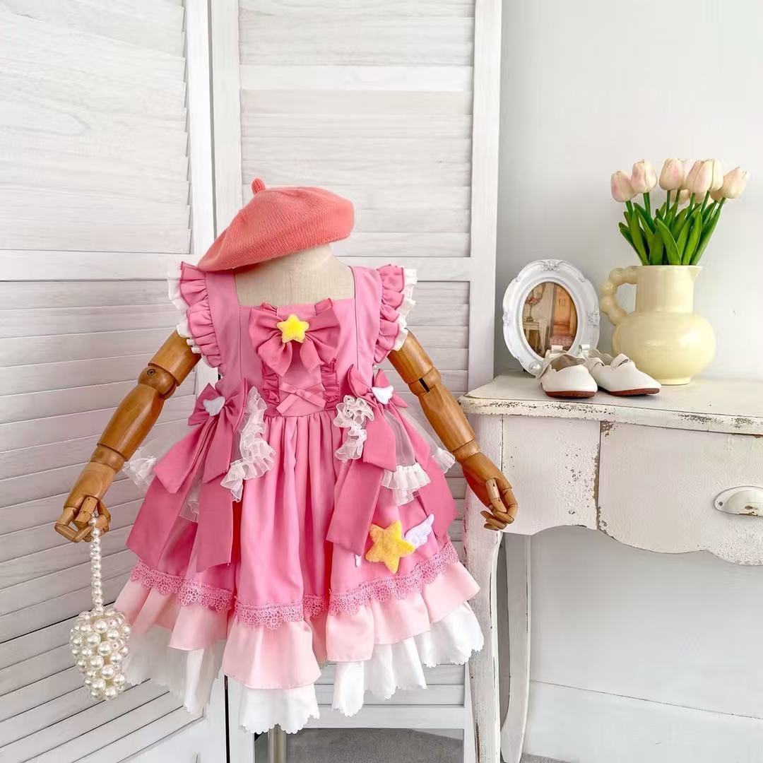 Girl's Star Lolita Princess Party Dress - Handmade Detachable Wings & Bows, Custom Dyed Magenta, Built-in Petticoat, 100% Cotton Lining - Perfect for Birthday, Christmas, Pageant, Photo Shoots (3-12 Years)