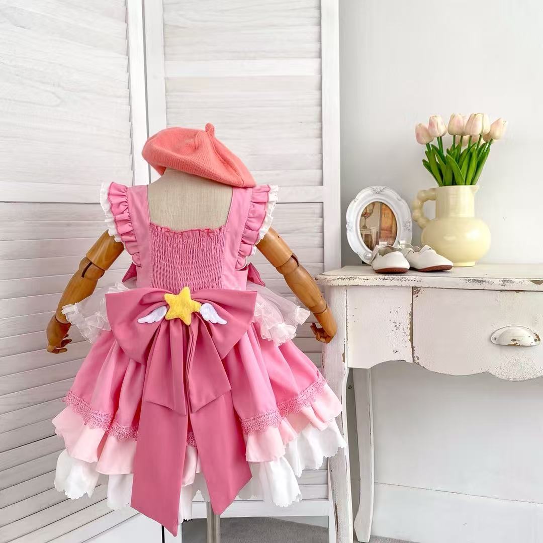 Girl's Star Lolita Princess Party Dress - Handmade Detachable Wings & Bows, Custom Dyed Magenta, Built-in Petticoat, 100% Cotton Lining - Perfect for Birthday, Christmas, Pageant, Photo Shoots (3-12 Years)