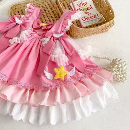 Girl's Star Lolita Princess Party Dress - Handmade Detachable Wings & Bows, Custom Dyed Magenta, Built-in Petticoat, 100% Cotton Lining - Perfect for Birthday, Christmas, Pageant, Photo Shoots (3-12 Years)