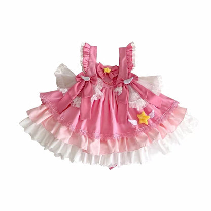 Girl's Star Lolita Princess Party Dress - Handmade Detachable Wings & Bows, Custom Dyed Magenta, Built-in Petticoat, 100% Cotton Lining - Perfect for Birthday, Christmas, Pageant, Photo Shoots (3-12 Years)