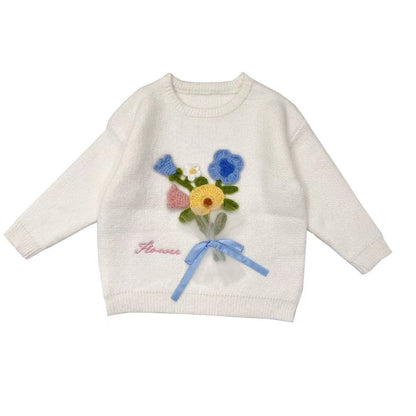 Girls Knitted Sweater with Hand-Crochet 3D Floral Embroidery - Princess Crewneck Pullover (White/Black/Blue) - Premium Wool Blend Winter Warm Tops for Christmas, Birthday Gift, Photoshoot, Party Dress