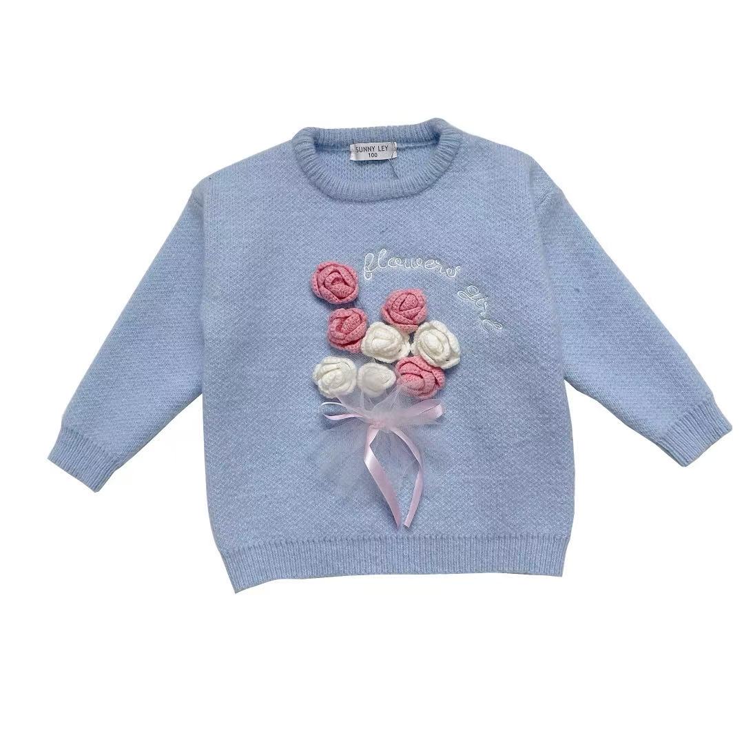 Girls Knitted Sweater with Hand-Crochet 3D Floral Embroidery - Princess Crewneck Pullover (White/Black/Blue) - Premium Wool Blend Winter Warm Tops for Christmas, Birthday Gift, Photoshoot, Party Dress