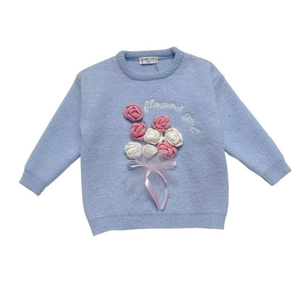 Girls Knitted Sweater with Hand-Crochet 3D Floral Embroidery - Princess Crewneck Pullover (White/Black/Blue) - Premium Wool Blend Winter Warm Tops for Christmas, Birthday Gift, Photoshoot, Party Dress