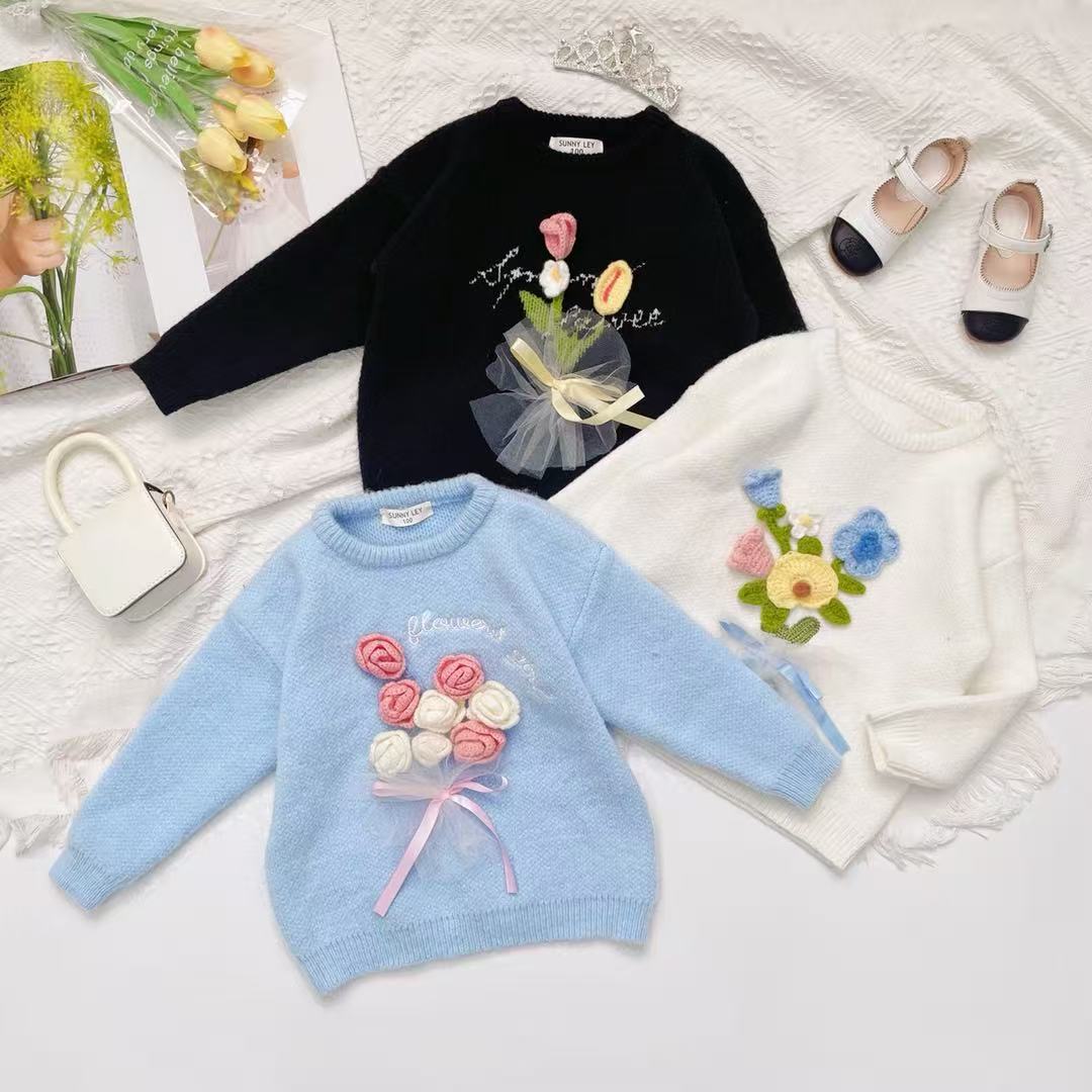 Girls Knitted Sweater with Hand-Crochet 3D Floral Embroidery - Princess Crewneck Pullover (White/Black/Blue) - Premium Wool Blend Winter Warm Tops for Christmas, Birthday Gift, Photoshoot, Party Dress
