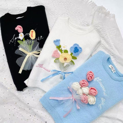 Girls Knitted Sweater with Hand-Crochet 3D Floral Embroidery - Princess Crewneck Pullover (White/Black/Blue) - Premium Wool Blend Winter Warm Tops for Christmas, Birthday Gift, Photoshoot, Party Dress