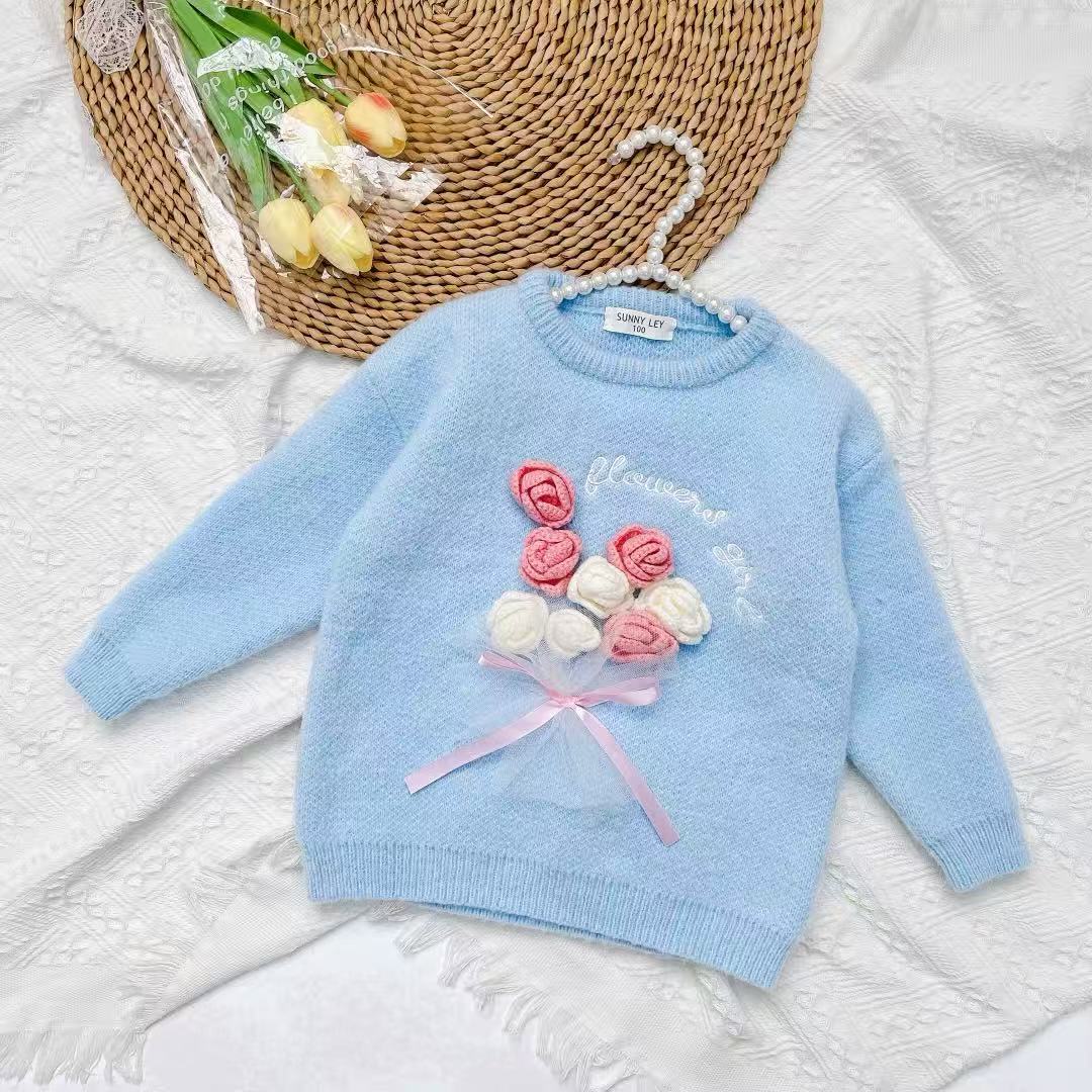 Girls Knitted Sweater with Hand-Crochet 3D Floral Embroidery - Princess Crewneck Pullover (White/Black/Blue) - Premium Wool Blend Winter Warm Tops for Christmas, Birthday Gift, Photoshoot, Party Dress