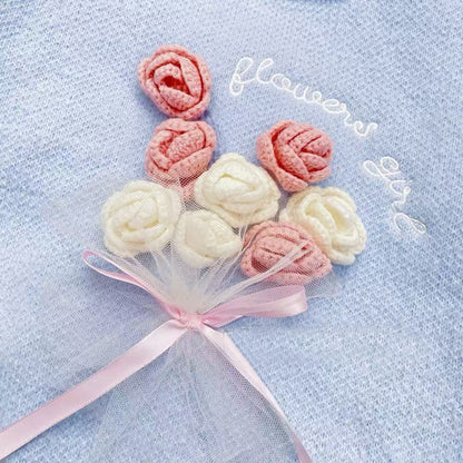 Girls Knitted Sweater with Hand-Crochet 3D Floral Embroidery - Princess Crewneck Pullover (White/Black/Blue) - Premium Wool Blend Winter Warm Tops for Christmas, Birthday Gift, Photoshoot, Party Dress