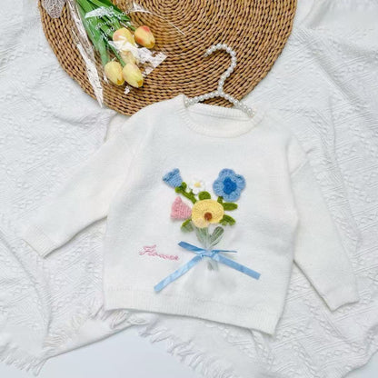Girls Knitted Sweater with Hand-Crochet 3D Floral Embroidery - Princess Crewneck Pullover (White/Black/Blue) - Premium Wool Blend Winter Warm Tops for Christmas, Birthday Gift, Photoshoot, Party Dress