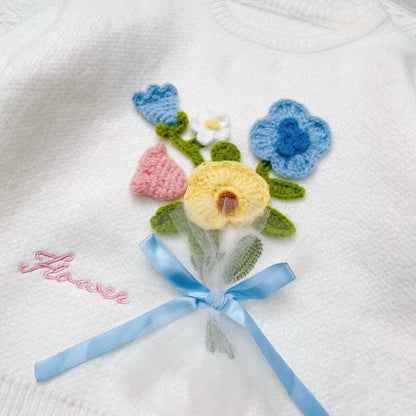 Girls Knitted Sweater with Hand-Crochet 3D Floral Embroidery - Princess Crewneck Pullover (White/Black/Blue) - Premium Wool Blend Winter Warm Tops for Christmas, Birthday Gift, Photoshoot, Party Dress