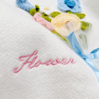 Girls Knitted Sweater with Hand-Crochet 3D Floral Embroidery - Princess Crewneck Pullover (White/Black/Blue) - Premium Wool Blend Winter Warm Tops for Christmas, Birthday Gift, Photoshoot, Party Dress